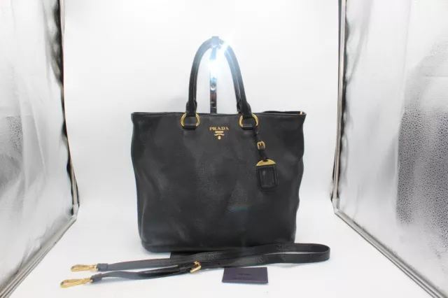 with COA Authentic Prada Borsa A Spalla Vitello Daino in Black Pebble Leather