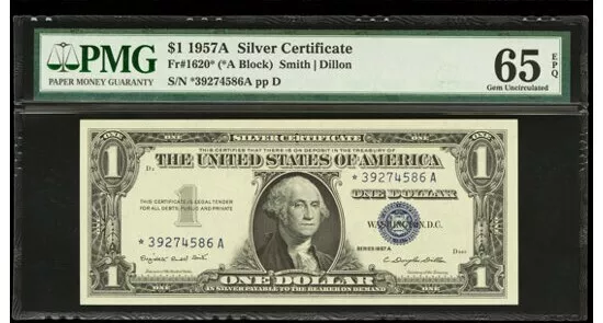 1957  $1 Silver Certificate STAR Note Smith/Dillon PMG Gem UNC. 65 EPQ 752