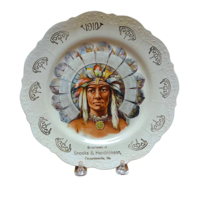 1910 Advertising Calendar Plate - Snooks & Hendrickson Native American Headdress
