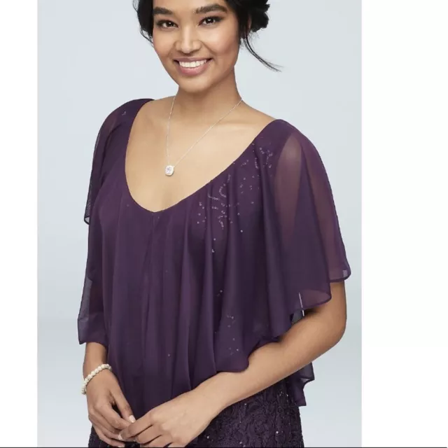 Marina Sequin Lace Gown With Cold Shoulder Capelet Eggplant Size 6 NWT 3