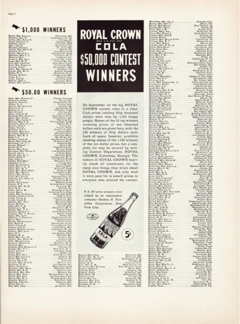 Print Ad Royal Crown RC Cola 1938 Contest Winners Full Page Magazine 10.5"x13.5"