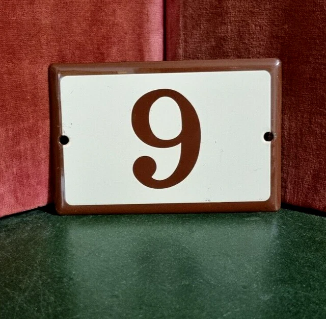 Vintage French enamel house sign number 9 brown raised for door gate wall street