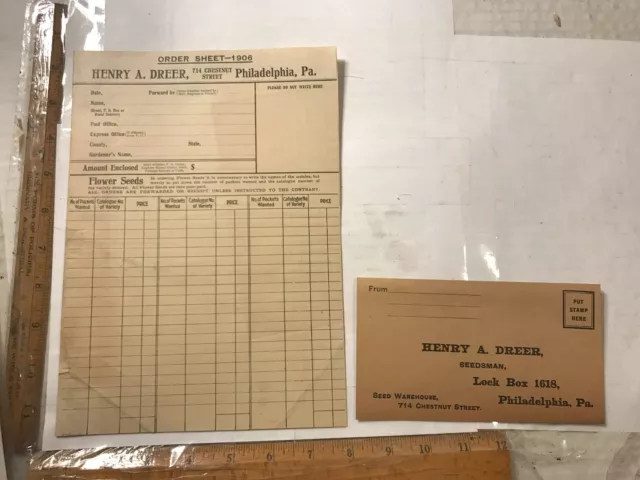 1906 Seed Order Form & Env Center City Philadelphia Henry A Dreer Chestnut ST PA