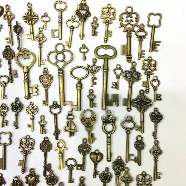 50 PCS/Set Vintage Antique Old Brass Skeleton Keys Retro Cabinet Barrel Lock New