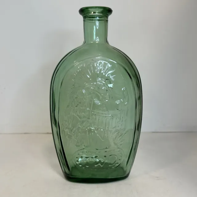 Vintage TWD Franklin Green Shimmer Glass Bottle Ship Eagle Design Flask Decanter