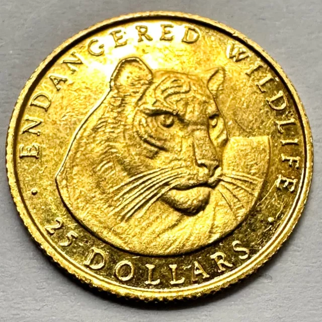 1990 Cook Islands 25 Dollars Tiger Elizabeth II Endangered Wildlife Gold Coin