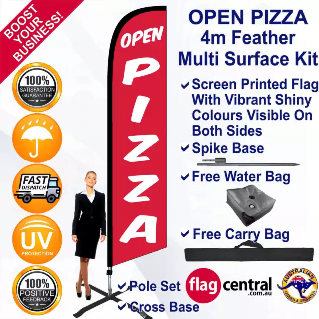 OPEN PIZZA Red 4m Feather Flag/Banner Kit Multi Surface *High-Quality *Swooper