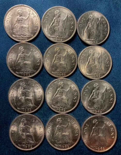 Vintage Great Britain Coin Lot - 1962 - 12 PENNIES - UNCIRCULATED RED - Lot #D6