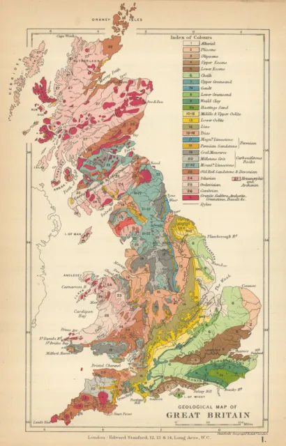 UK Geological map of Great Britain 1904 old antique vintage plan chart