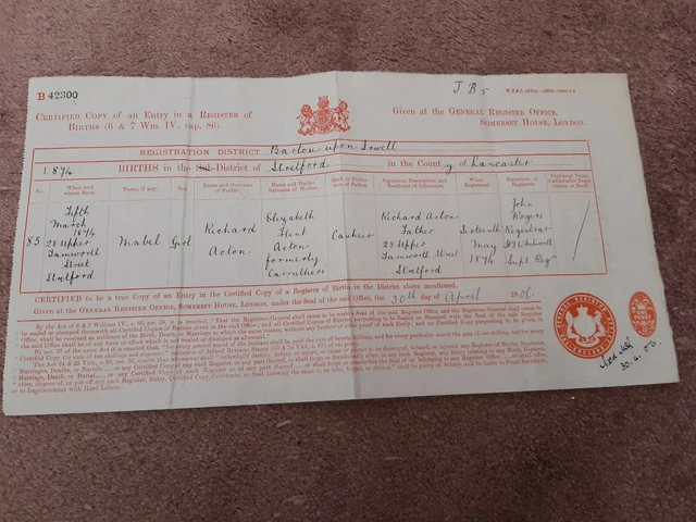 Birth Certificate: MABEL ACTON 5/3/1874 Upper Tamworth Street, Stretford §DJ163