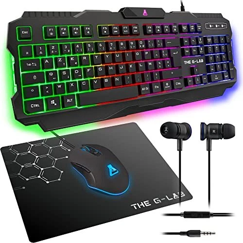 THE G-LAB Combo HELIUM - Ensemble Gaming 4 en 1 - Clavier Gamer AZERTY Rétroé...