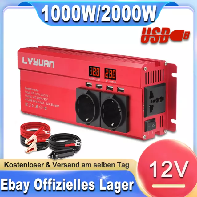 Auto 1000w 2000w Spannungswandler Wechselrichter Dc 12v Auf Ac 230v Inverter Car