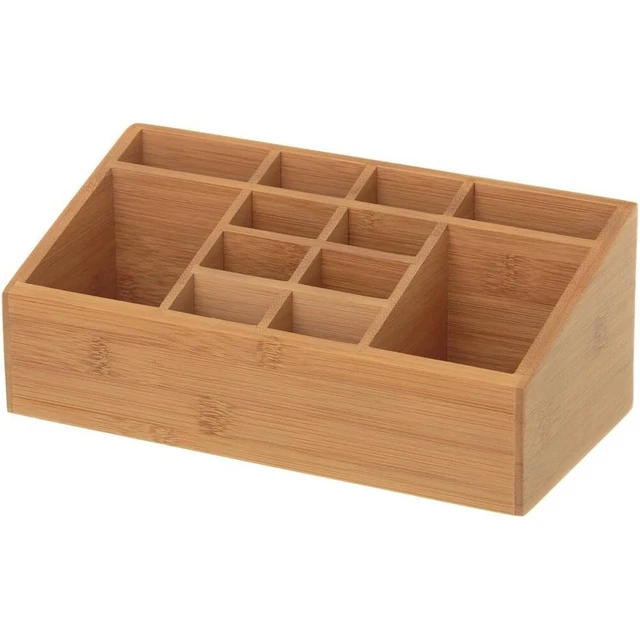 Organizer Portaoggetti Da Scrivania in Legno Bambu' con 6 Scomparti e Cassetto