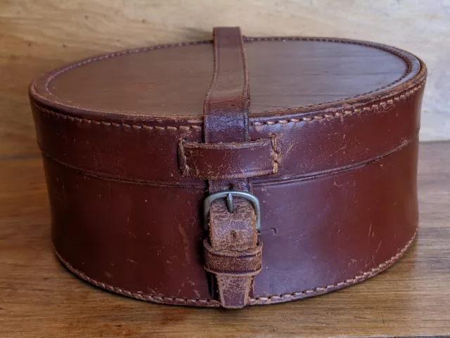 Vintage Brown Leather Vanity Case Round 7"