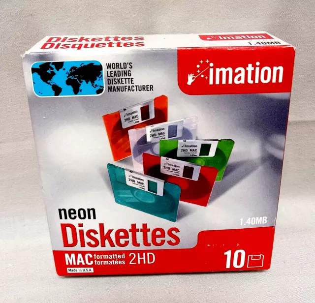 Imation Neon Diskettes MAC Formatted 2HD 1.40 MB 3.5" Sealed BOX Blank Media 10