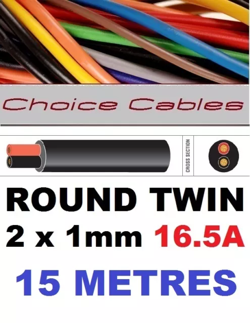 ROUND TWIN AUTO CABLE 2 CORE 1.0mm 16.5 AMP CAR BOAT LOOM WIRE, MARINE CABLE 15m