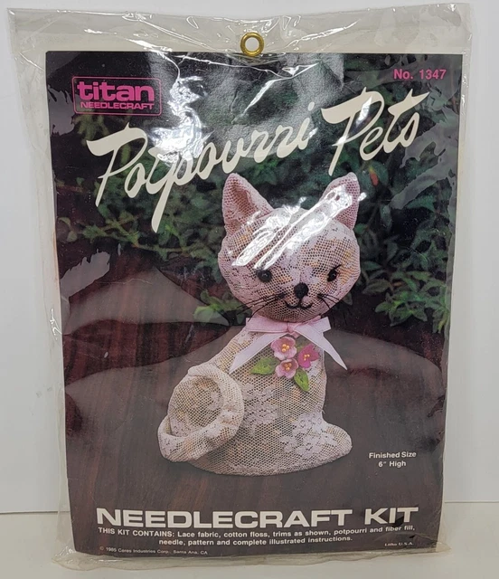 Kit de encaje Titan Needlecraft 1985 popurrí mascotas gato #1347 nuevo 6" de alto