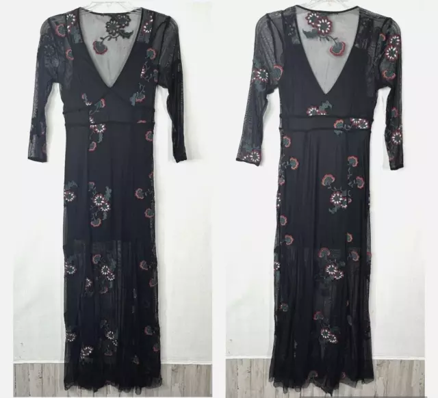 Forever21 Floral Sheer Maxi Dress S? Black Embroidered Floral Long Sleeve Sexy