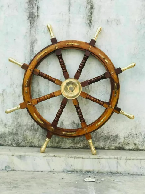 Nautical Maritime Teak Wood Ships Steering Wheel 30" Brass Hub Boat Wall