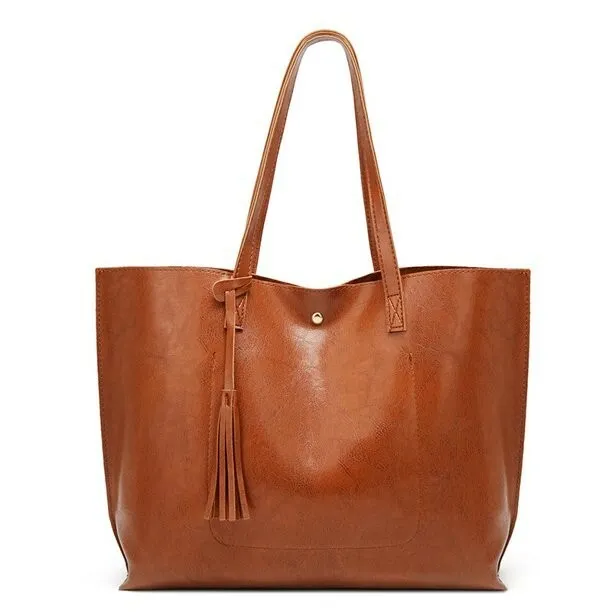 Women's Soft PU Leather Tote Shoulder Bag Women Large Capacity Tassel Bag-Brown