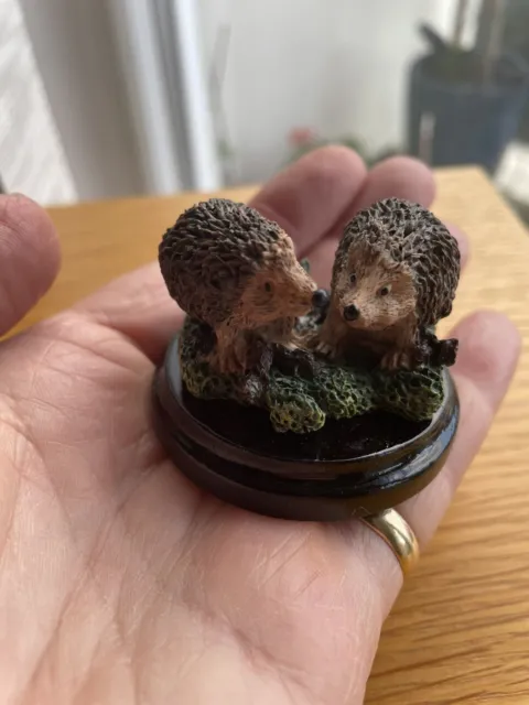 Small, Mounted Ceramic Figurine of 2 Hedgehogs 3.5 cm High