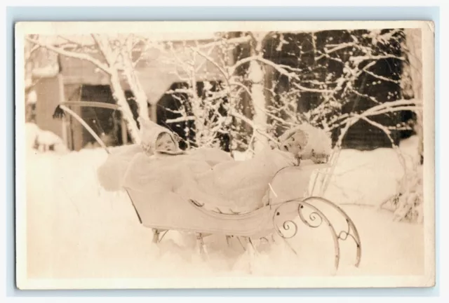 Lovely Children in Stroller - Winter Christmas Scene - RPPC