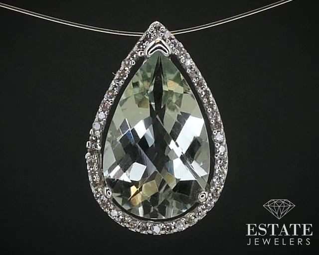 10k White Gold Natural Green Amethyst & Diamond Tear Drop Pendant 1.9g i14015