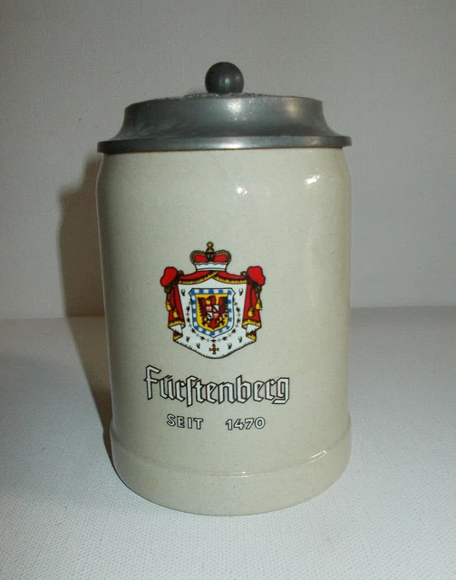 FÜRSTENBERG PILSENER BRAUEREI Bierkrug mit Zinndeckel Spruch Steinkrug