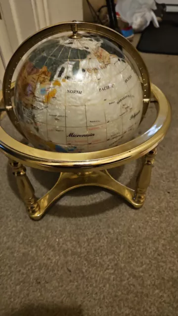 Osborne & Allen Mother of Pearl 14” Gemstone Globe with Brass Stand and Compass