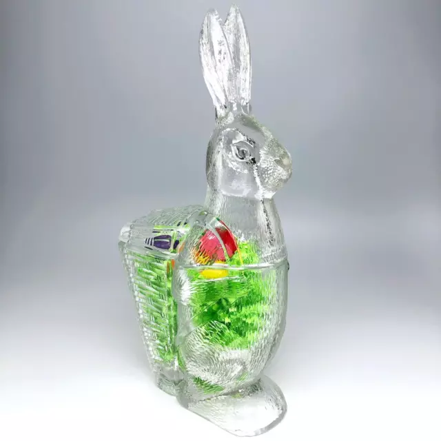 Zabkowice Glassworks Clear Glass Rabbit Carrying Basket Easter Candy Poland Vtg