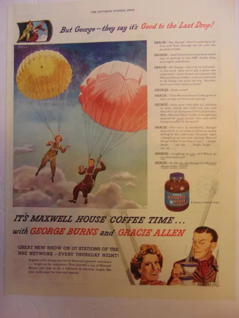 1945 BURNS & ALLEN Parachuting MAXWELL HOUSE COFFEE vintage art print ad
