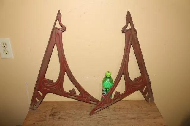 Large Antique Pair Victorian 1881 Cast Iron Metal Shelf Wall Brackets 23"x16"