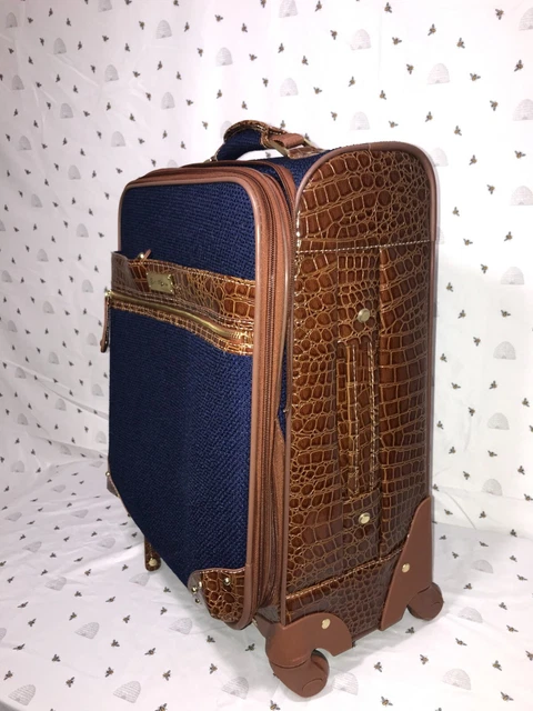 Samantha Brown Spinner Suitcase Luggage brown leather and blue Softside fabric 