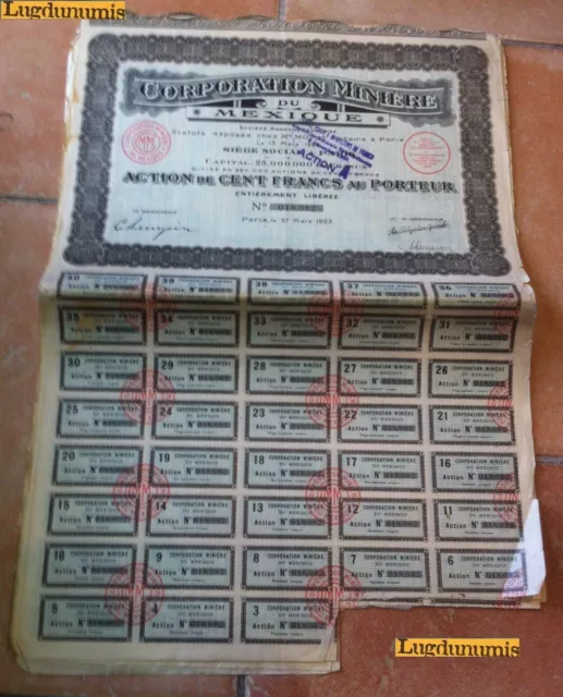 Corporation Minière du Mexique Action de 100 Francs Paris 27 Mars 1923