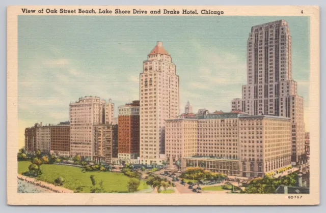 Chicago Illinois, Oak Street Beach Lake Shore Drive Drake Hotel Vintage Postcard