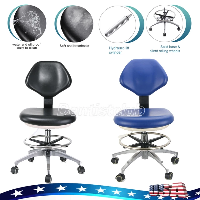 Dental Rolling Stool Dentist Chair Adjustable Backrest Stable Casters PU Leather