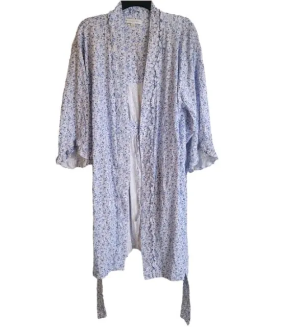 Eileen West Blue Floral Short Robe Sz Lg Belted Pockets Lightweight Cotton