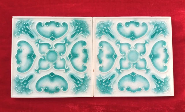 2 Piece Art Deco Flower Design Embossed Majolica Ceramic Tiles Japan 0290