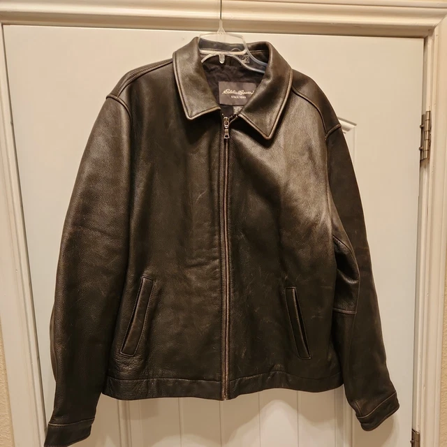 EDDIE BAUER Distressed Full Zip Leather Jacket Mens Size xl brown