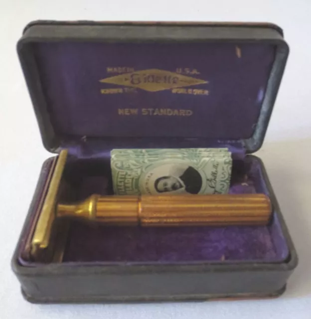 Vtg Gillette 3 Piece Gold Tone Heavy / Early Tech Safety Razor Blades