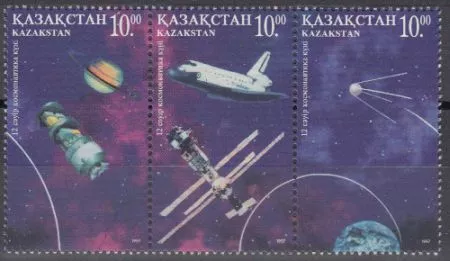 Kasachstan Mi.Nr. Zdr.163,164,165 Kosmonautik, u.a. Sputnik, Mir, Space-Shuttle