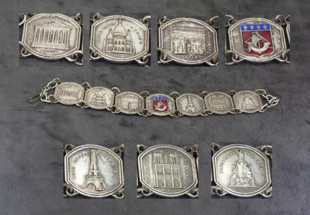 Vintage Paris France Eiffel Tower Notre Dame Enamel Silver Souvenir Bracelet