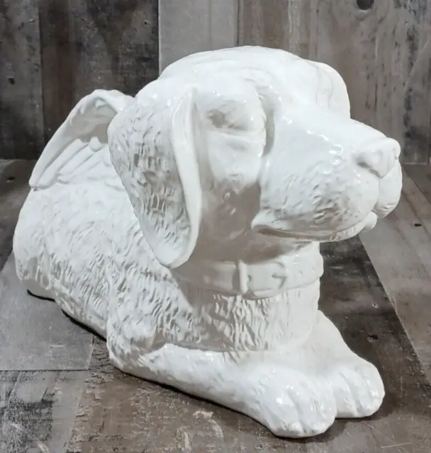 LARGE 15×9x8 LAYING PUPPY DOG GUARDIAN ANGEL STATUE SCULPTURE WHITE CERAMIC 7
