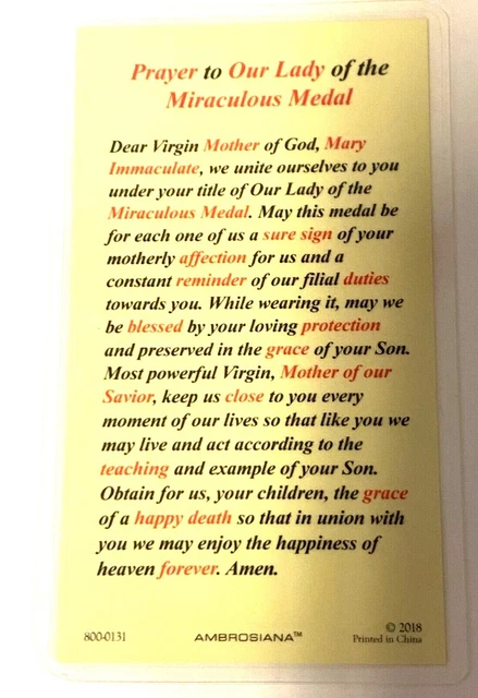 OUR LADY OF the Miraculous Medal Laminated Prayer Card, New #PCL-30 £2. ...