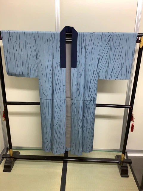 Japanese Vintage Kimono silk Juban blue gray tradition expensive Height 56inch