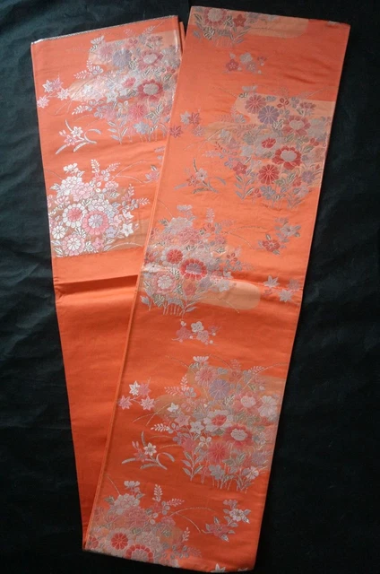 Japanese Kimono OBI FUKURO Silk Woven Vintage Woman Belt Sash Orange FlowerDecor
