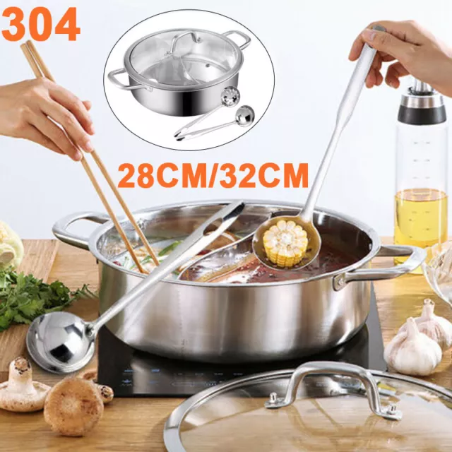 304 Stainless Steel Shabu Shabu Dual Sided divider Cooking Soup Hot Pot W/ Lid