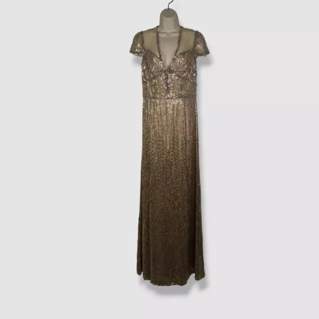 $882 Jenny Packham Women's Gold Illusion Embellished V-Neck Gown Dress Size 8