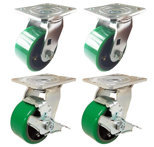4 Heavy Duty Caster Set 4" 5" 6" Polyurethane on Cast Iron Wheels No Mark Green