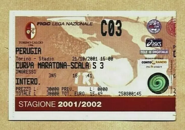 TORINO TORO - PERUGIA / Biglietto CALCIO 2001 / FOOTBALL MATCH Ticket